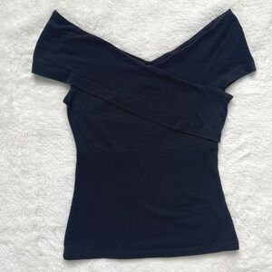 H&M Off Shoulder Wrap Top Women Black Crossover V-Neck Short Sleeve- XS